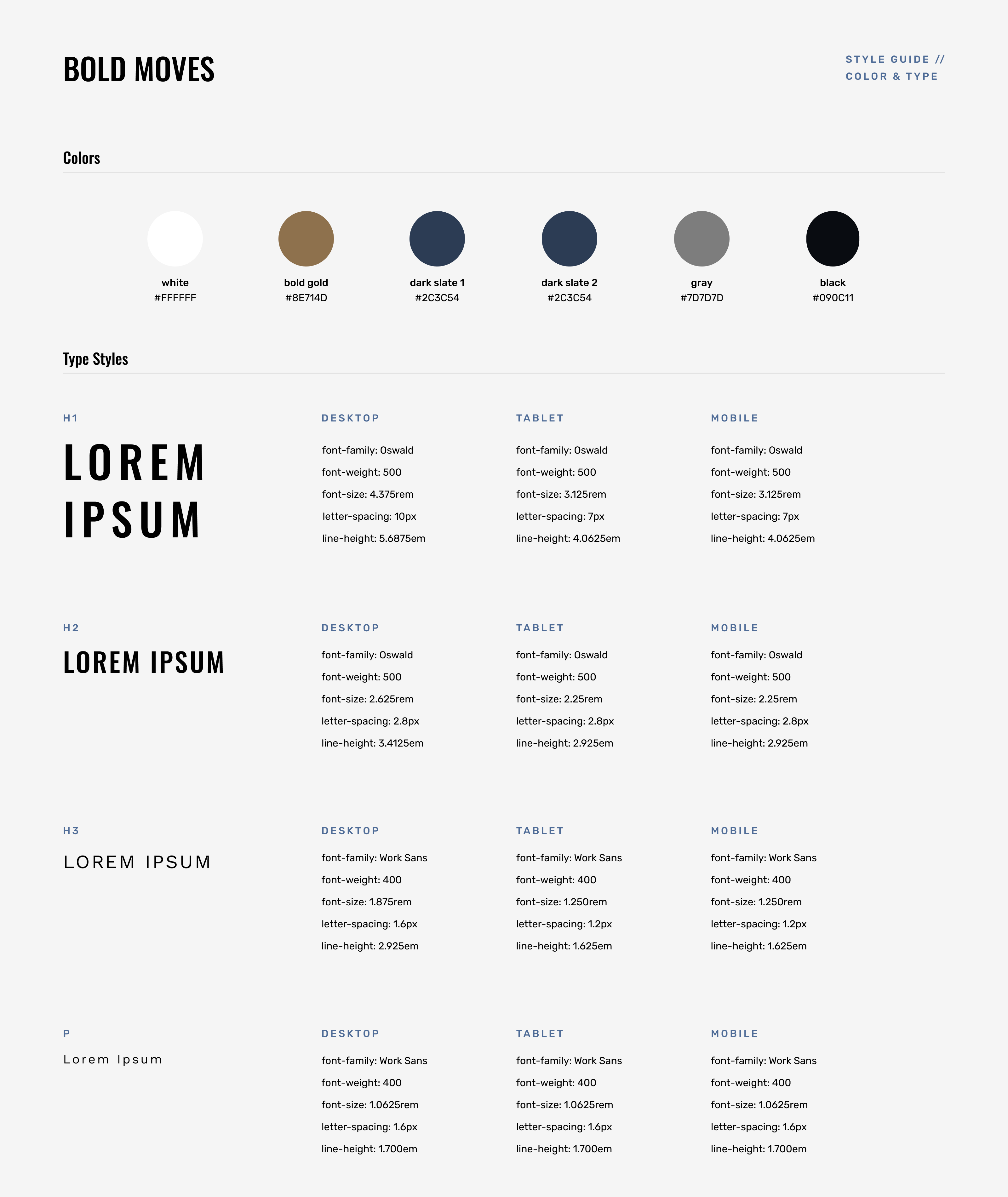 Bold Moves style guide color and typography